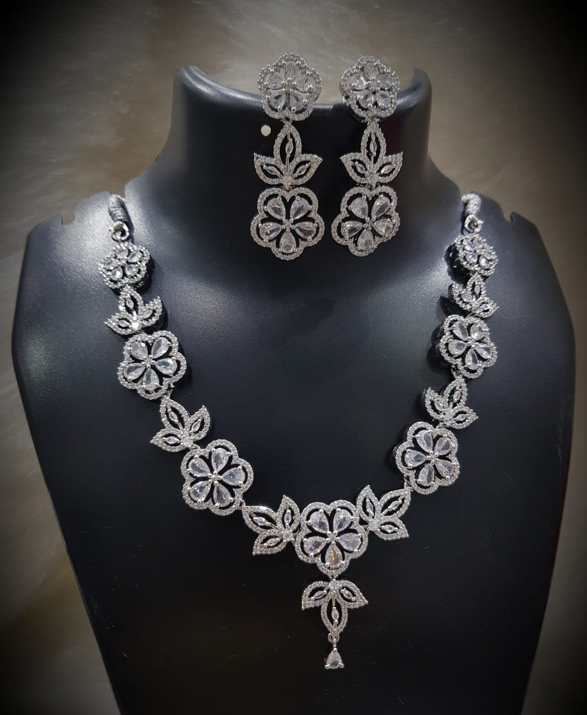 Emerald Blossom Floral Necklace Set with Matching Earrings Diamond-Cut CZ & Green Stone Elegance