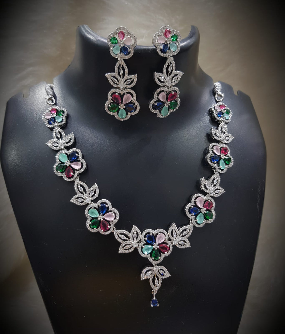Emerald Blossom Floral Necklace Set with Matching Earrings Diamond-Cut CZ & Green Stone Elegance