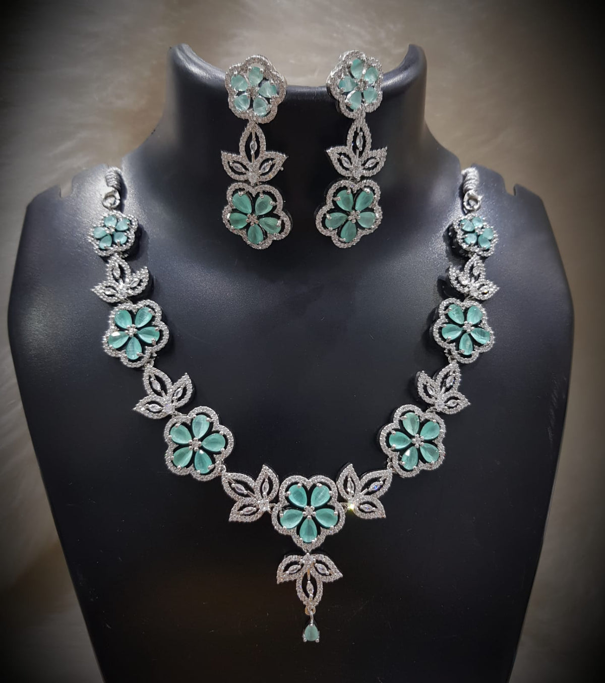 Emerald Blossom Floral Necklace Set with Matching Earrings Diamond-Cut CZ & Green Stone Elegance