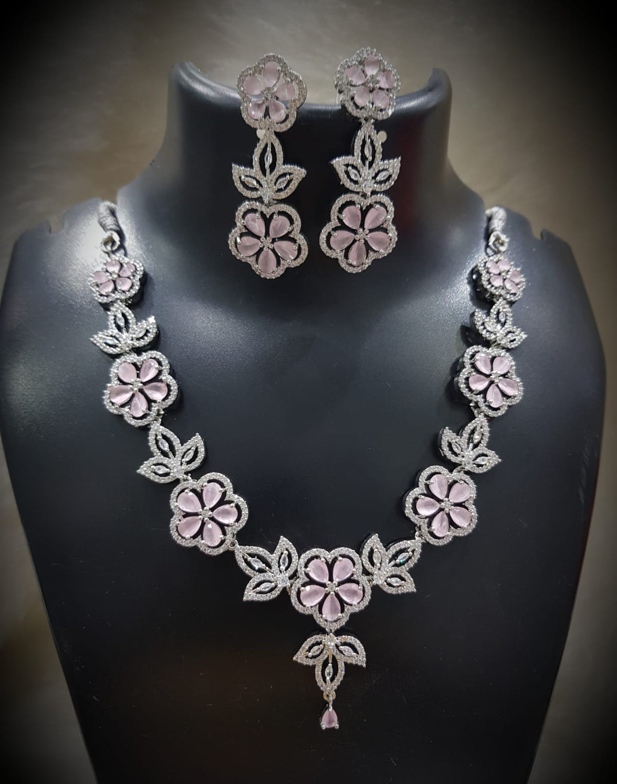 Emerald Blossom Floral Necklace Set with Matching Earrings Diamond-Cut CZ & Green Stone Elegance