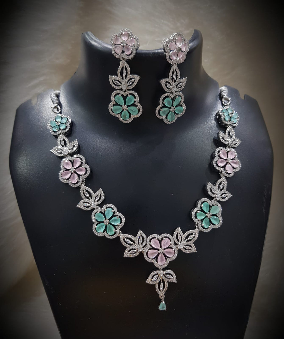 Emerald Blossom Floral Necklace Set with Matching Earrings Diamond-Cut CZ & Green Stone Elegance