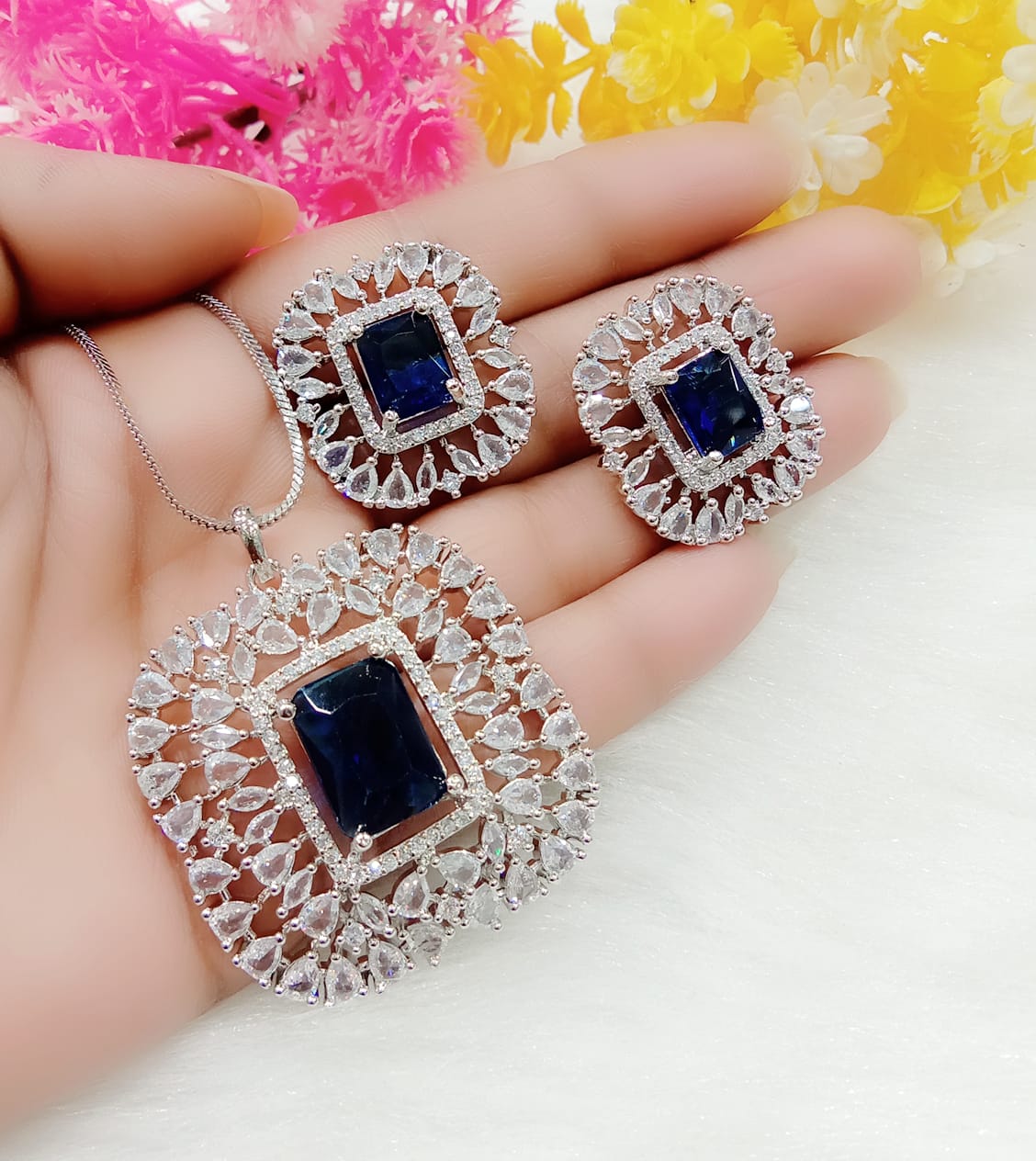 Radiant Red Emerald-Cut Stone Pendant Necklace Set with Designer Halo Earrings Party & Festive Jewelry