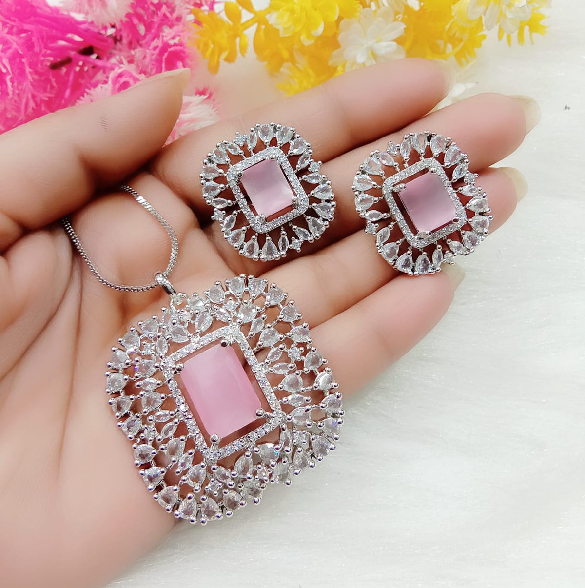Radiant Red Emerald-Cut Stone Pendant Necklace Set with Designer Halo Earrings Party & Festive Jewelry