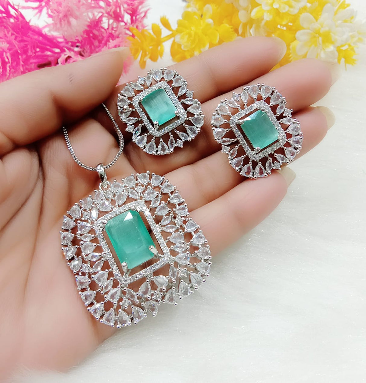 Radiant Red Emerald-Cut Stone Pendant Necklace Set with Designer Halo Earrings Party & Festive Jewelry
