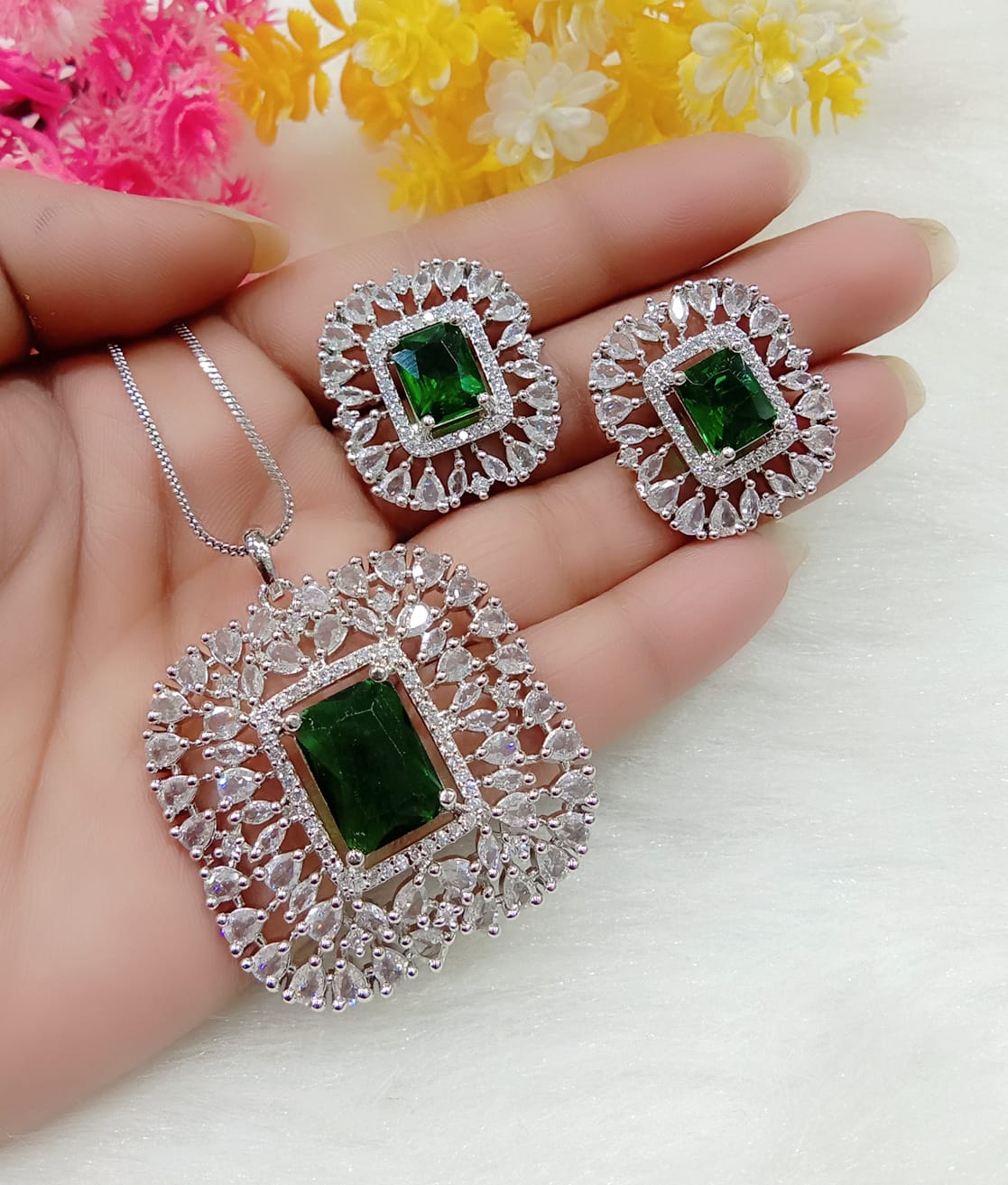 Radiant Red Emerald-Cut Stone Pendant Necklace Set with Designer Halo Earrings Party & Festive Jewelry