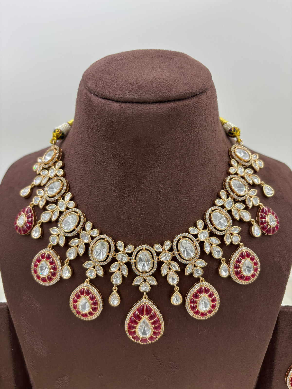 Ruby Red Kundan Polki Necklace Set with Matching Earrings – Bridal Tear Drop Design in Antique Gold Finish