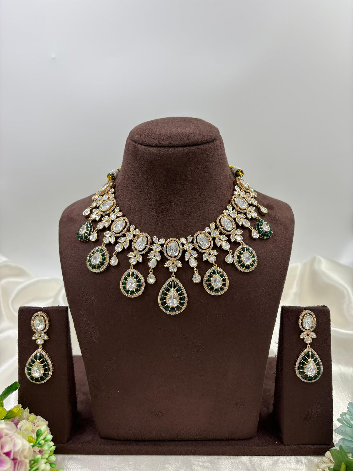 Ruby Red Kundan Polki Necklace Set with Matching Earrings – Bridal Tear Drop Design in Antique Gold Finish