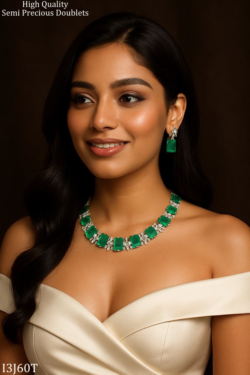 Luxury Emerald Cut Green Stone Necklace Set with Diamond Accents – Bridal & Festive Jewelry