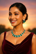 Luxury Emerald Cut Green Stone Necklace Set with Diamond Accents – Bridal & Festive Jewelry
