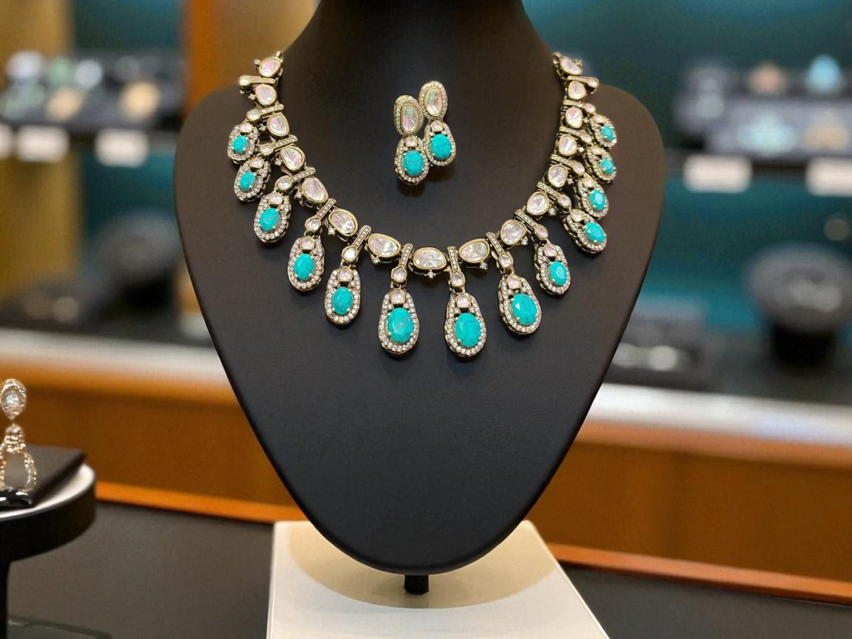 Rose Pink Teardrop Polki Necklace Set with CZ Accents Bridal & Ethnic Glam Jewelry