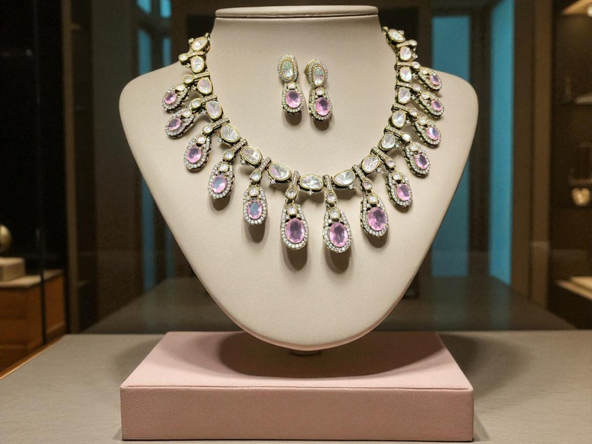 Rose Pink Teardrop Polki Necklace Set with CZ Accents Bridal & Ethnic Glam Jewelry