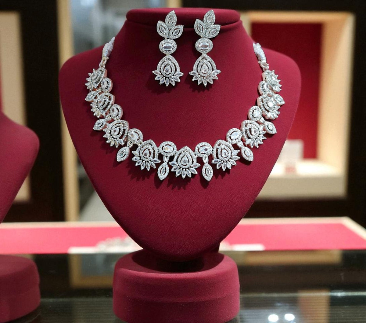 Elegant Rose Pink and White Stone Necklace Set with Matching Earrings