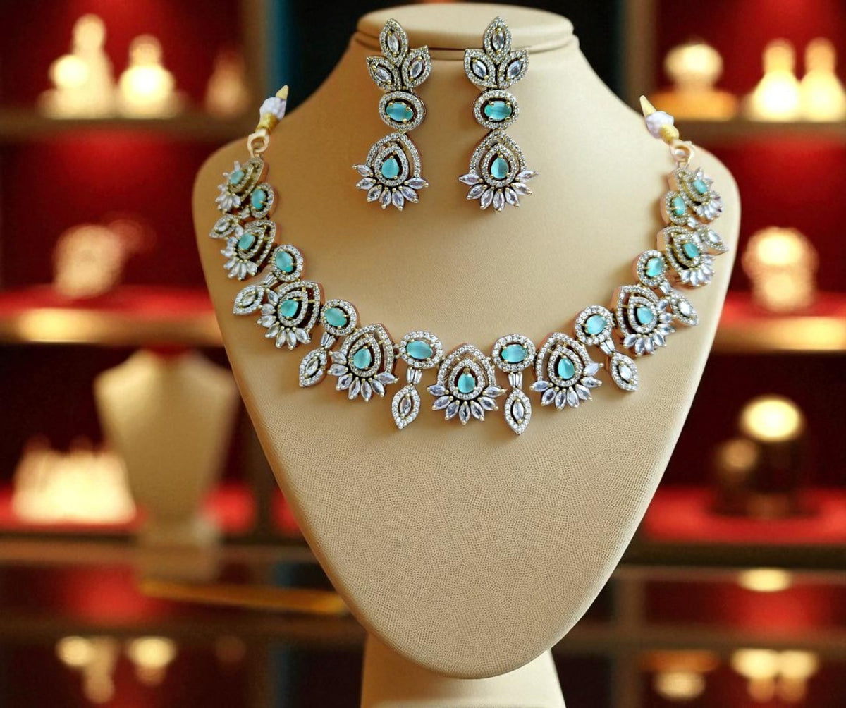 Elegant Rose Pink and White Stone Necklace Set with Matching Earrings