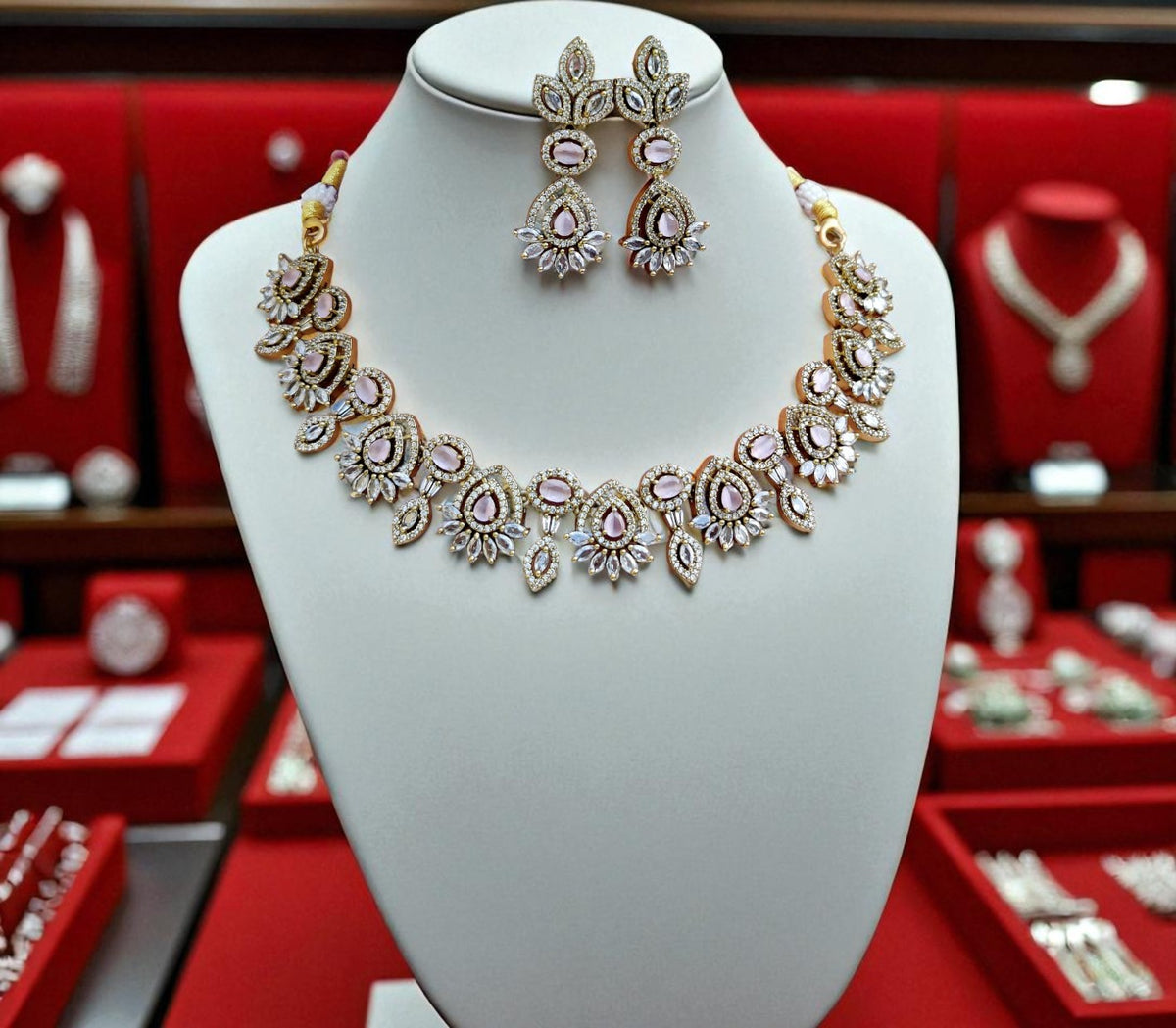 Elegant Rose Pink and White Stone Necklace Set with Matching Earrings