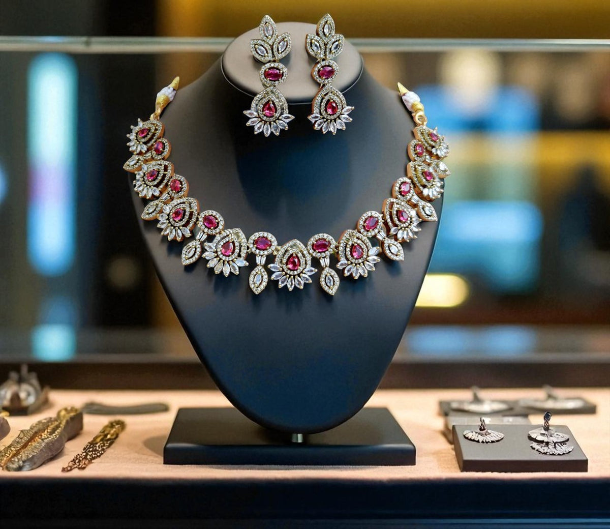 Elegant Rose Pink and White Stone Necklace Set with Matching Earrings