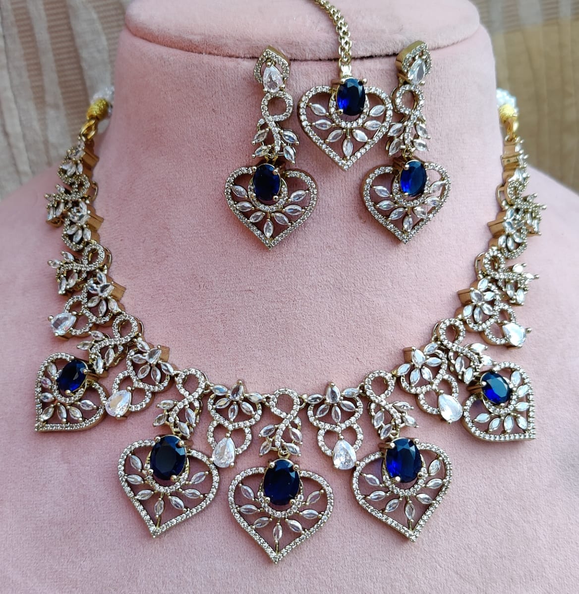 Sparkling Ruby and Diamond Stone Heart Necklace Set with Maang Tikka