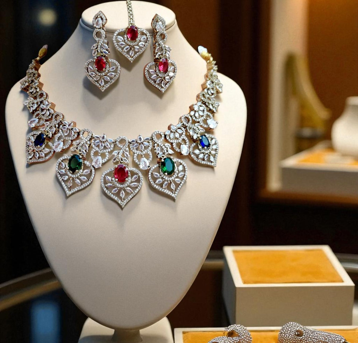 Sparkling Ruby and Diamond Stone Heart Necklace Set with Maang Tikka