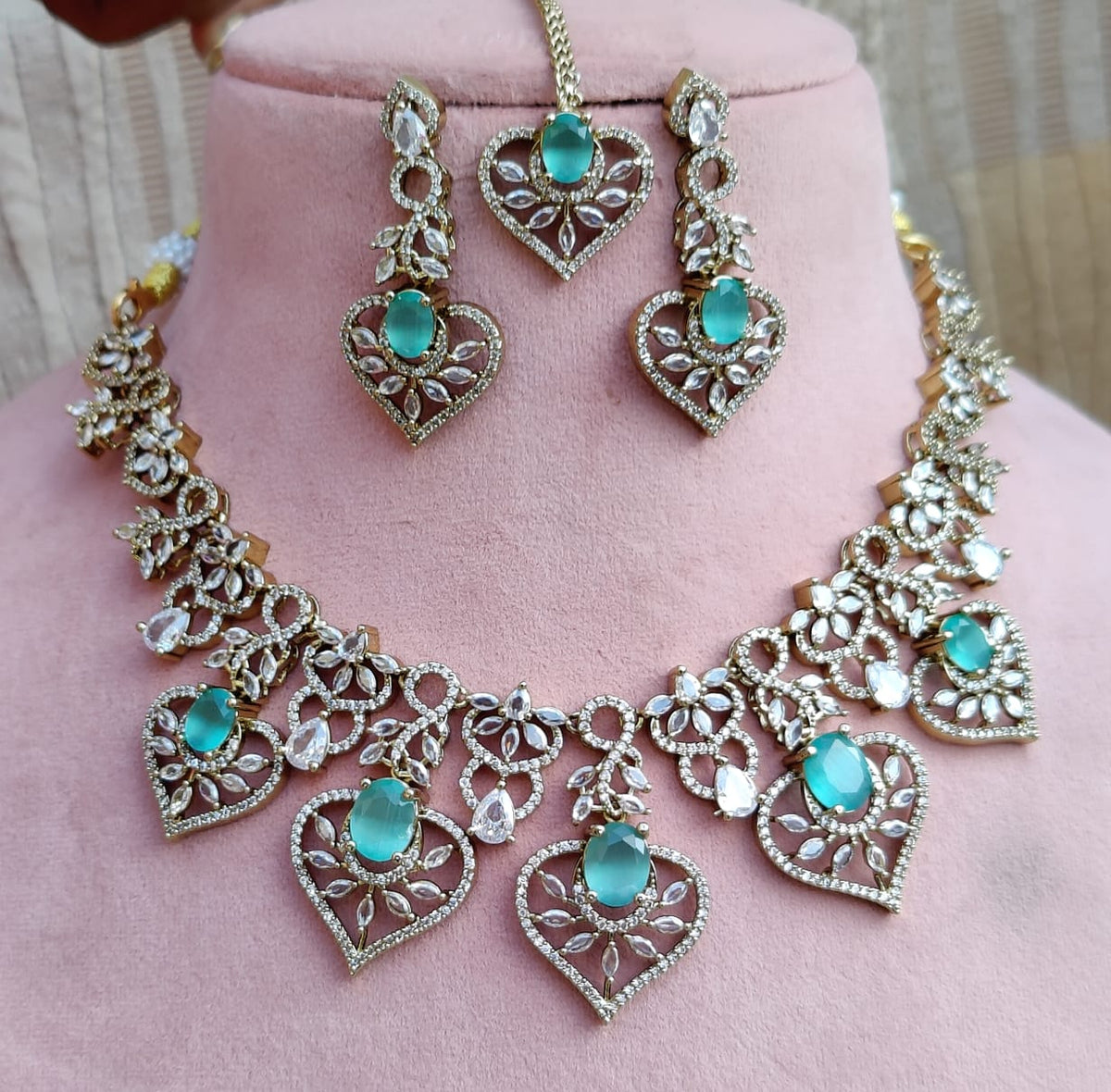 Sparkling Ruby and Diamond Stone Heart Necklace Set with Maang Tikka