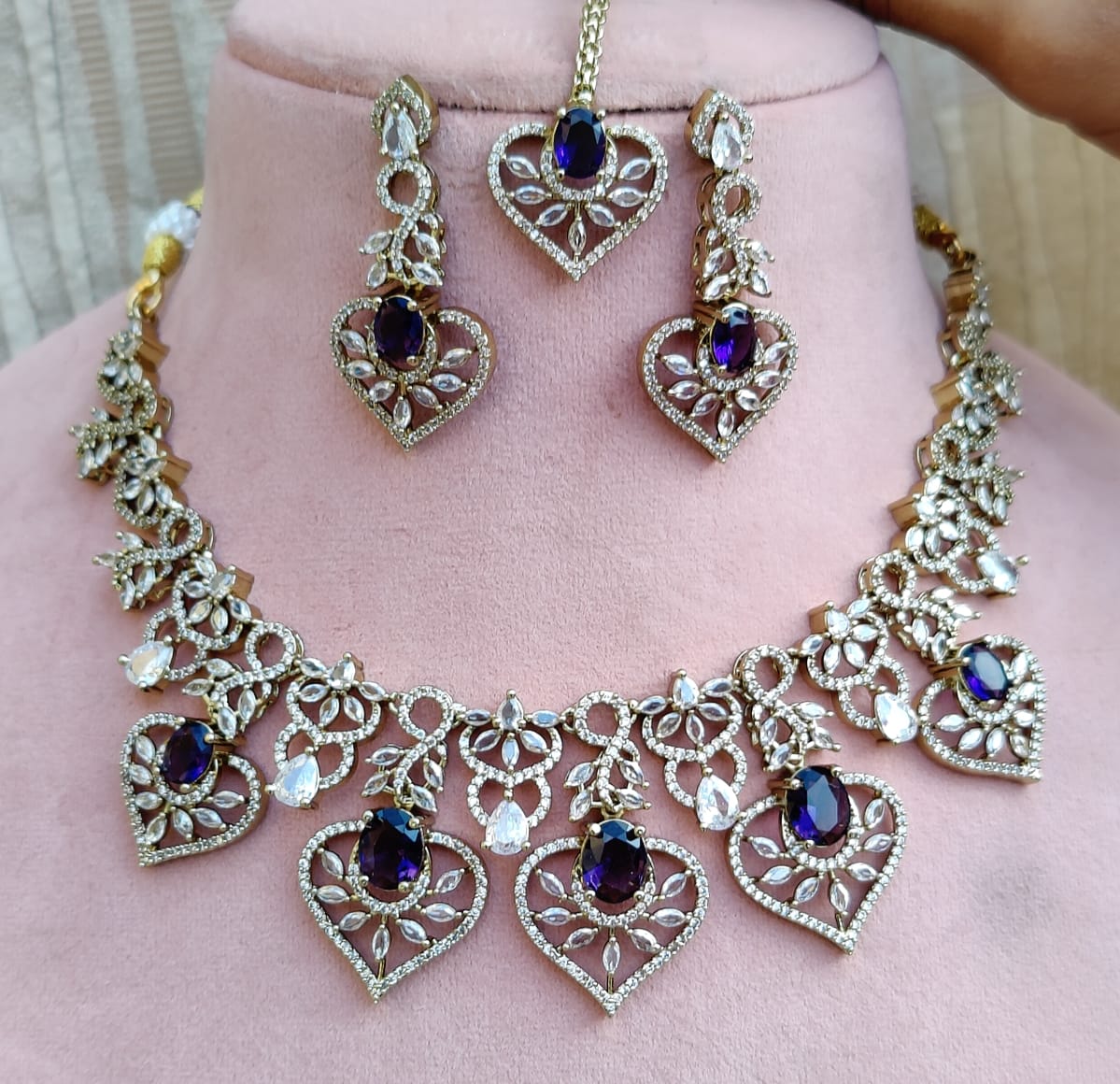 Sparkling Ruby and Diamond Stone Heart Necklace Set with Maang Tikka