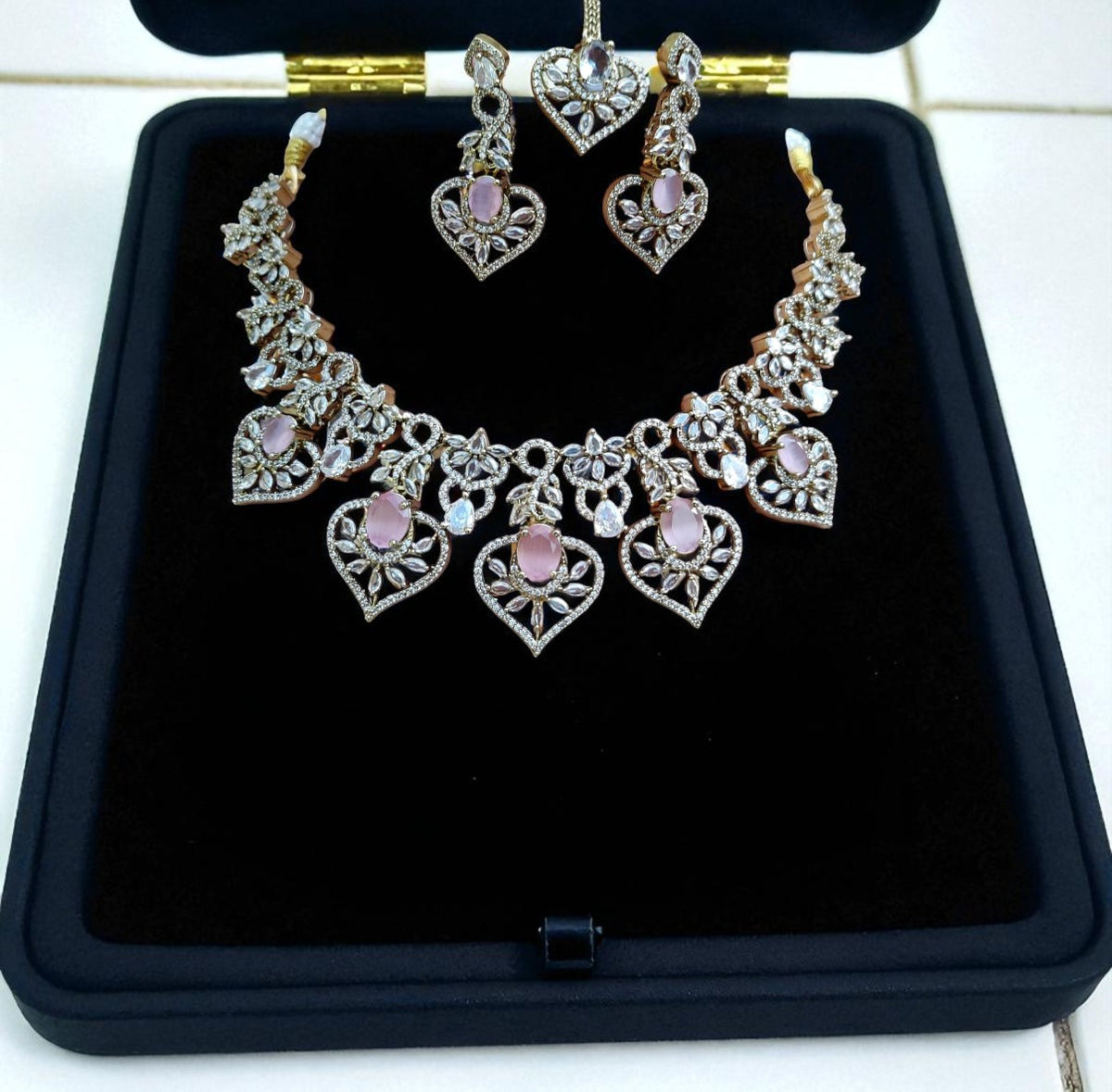 Sparkling Ruby and Diamond Stone Heart Necklace Set with Maang Tikka