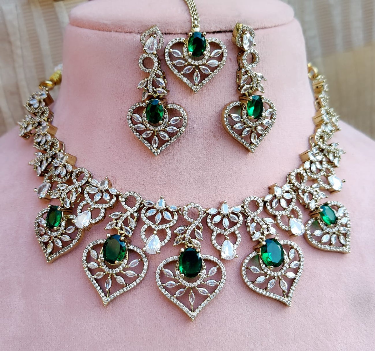 Sparkling Ruby and Diamond Stone Heart Necklace Set with Maang Tikka