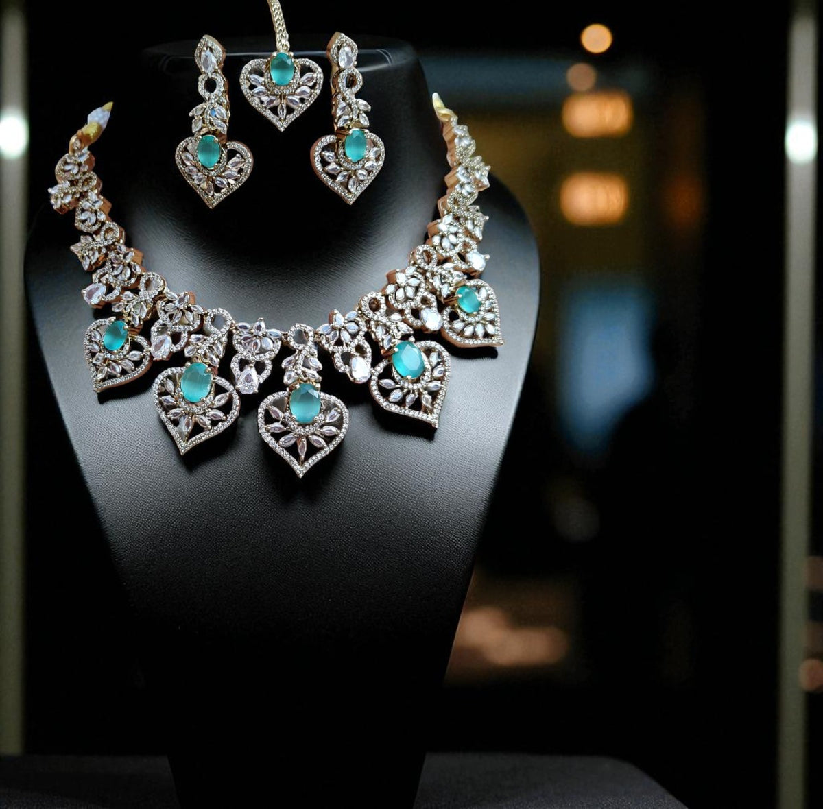 Sparkling Ruby and Diamond Stone Heart Necklace Set with Maang Tikka