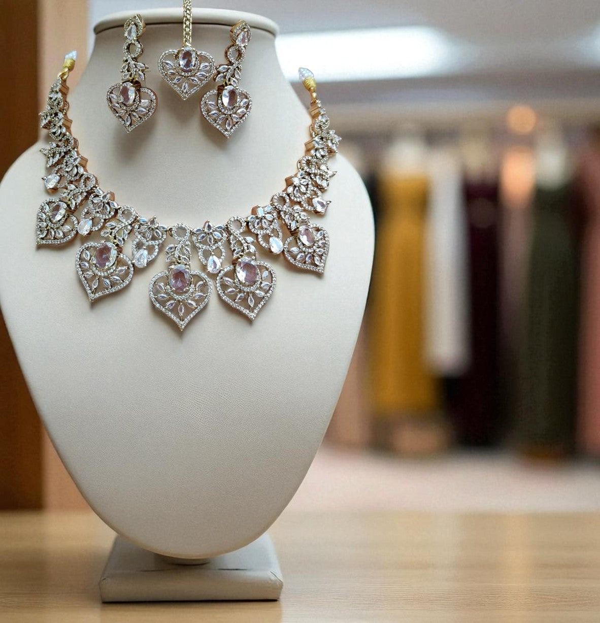 Sparkling Ruby and Diamond Stone Heart Necklace Set with Maang Tikka