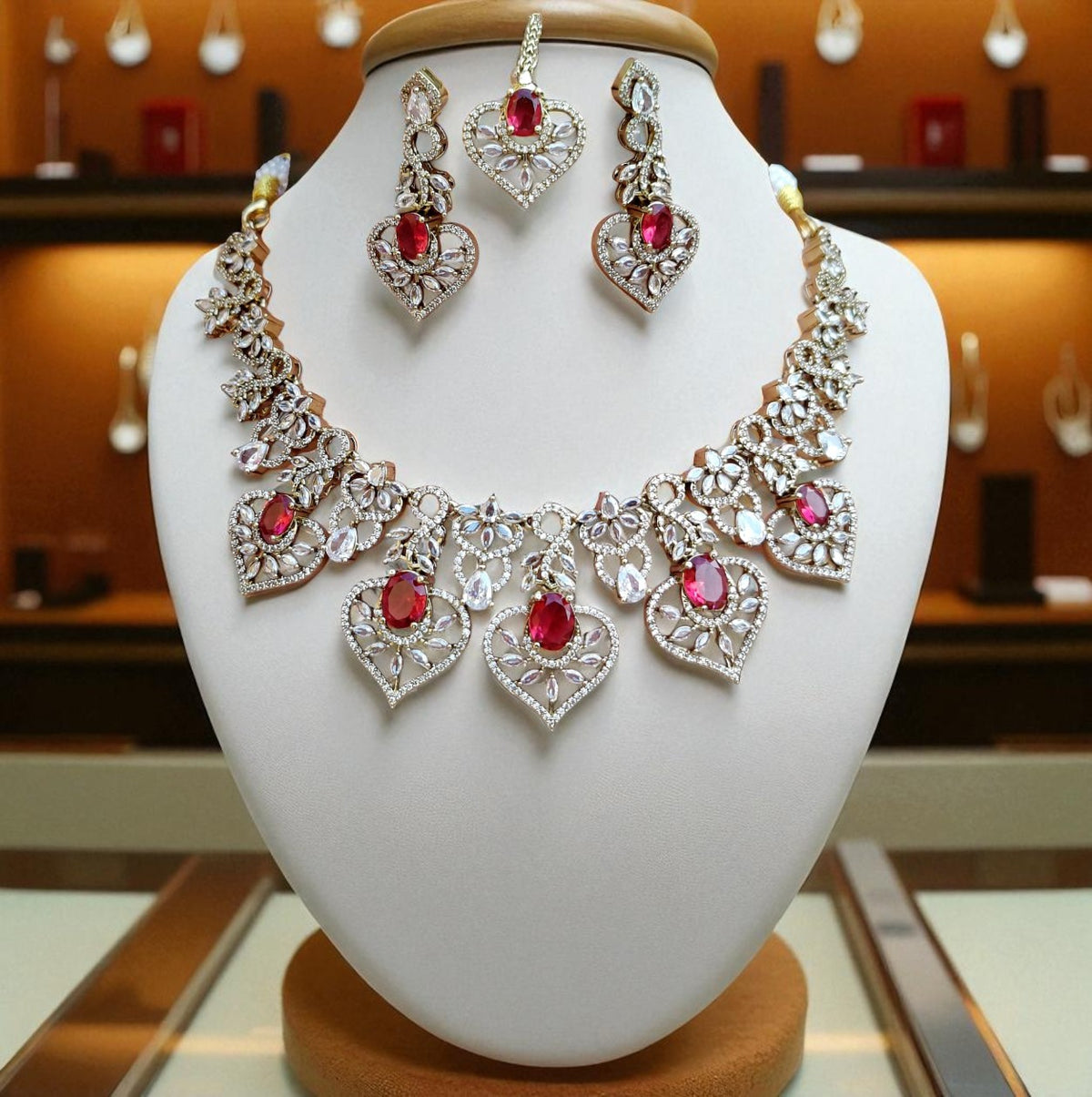 Sparkling Ruby and Diamond Stone Heart Necklace Set with Maang Tikka