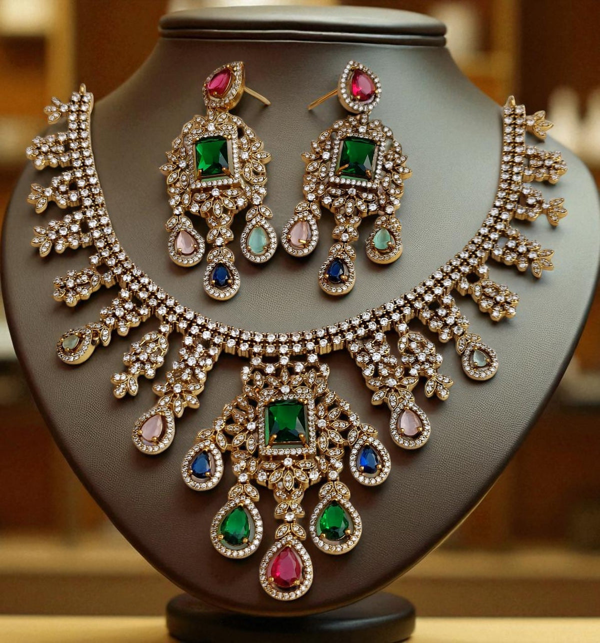 Royal Kundan Style Choker Set Polki & Emerald with Multicolor Drops