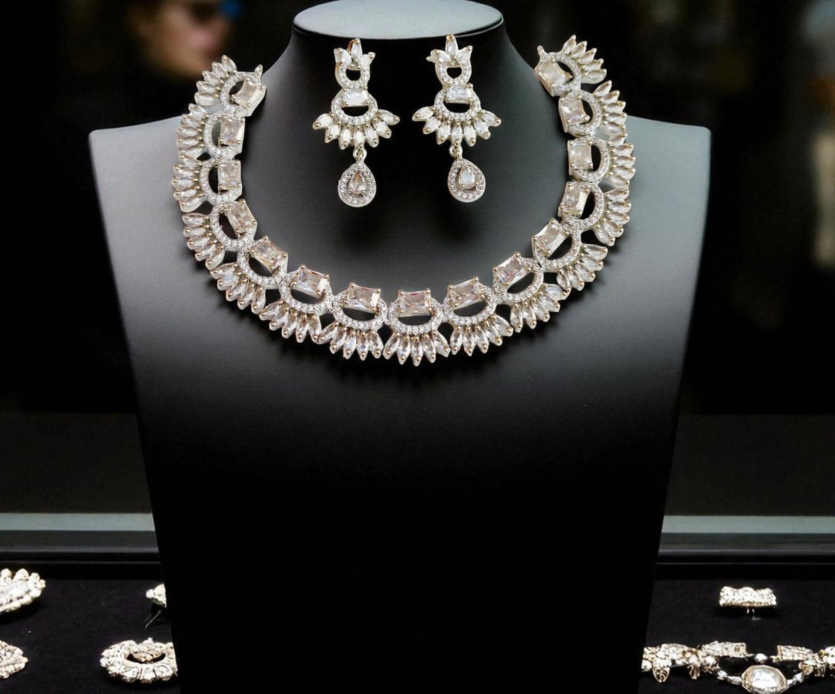 Luxury Emerald Green CZ Choker Necklace Set with Marquise Diamond Accents Bridal & Festive Wear