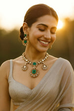 Royal Emerald Green Kundan Necklace Set with Matching Earrings Bridal & Festive Jewelry
