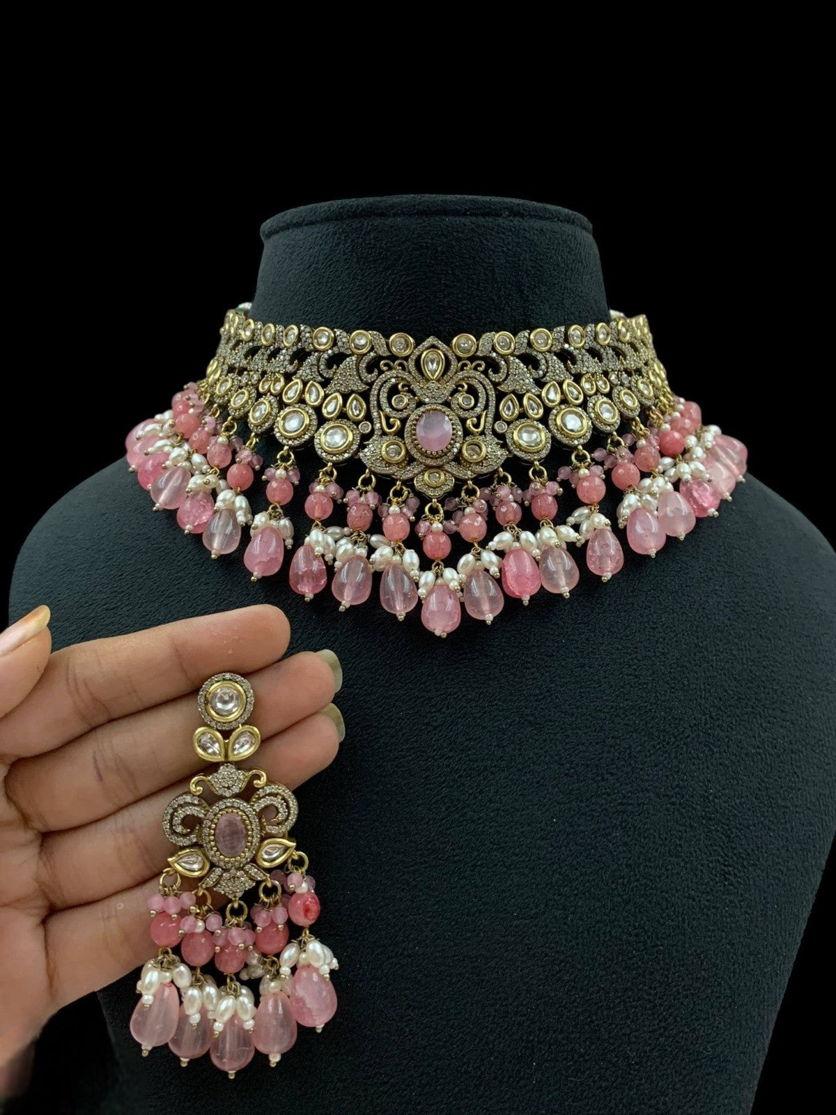 Pink Beaded Kundan Choker Necklace Set with Earrings Bridal & Party Wear Jewelry