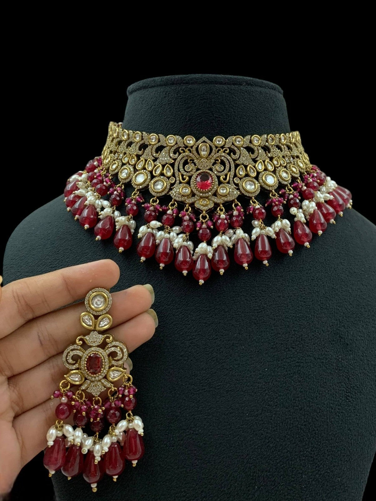 Pink Beaded Kundan Choker Necklace Set with Earrings Bridal & Party Wear Jewelry