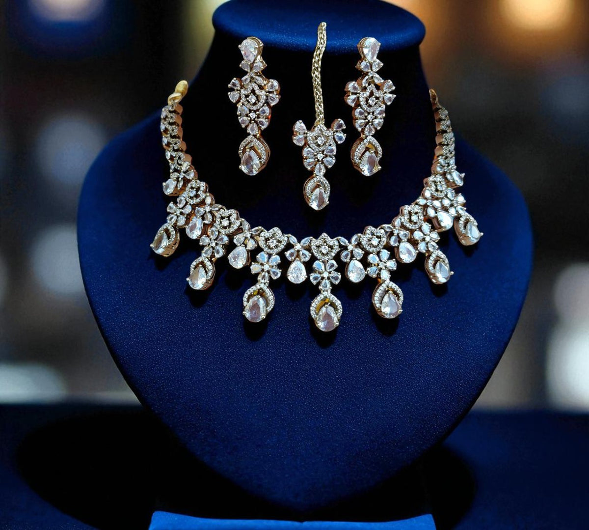 Designer Ruby & Diamond Choker Necklace Set with Earrings and Maang Tikka