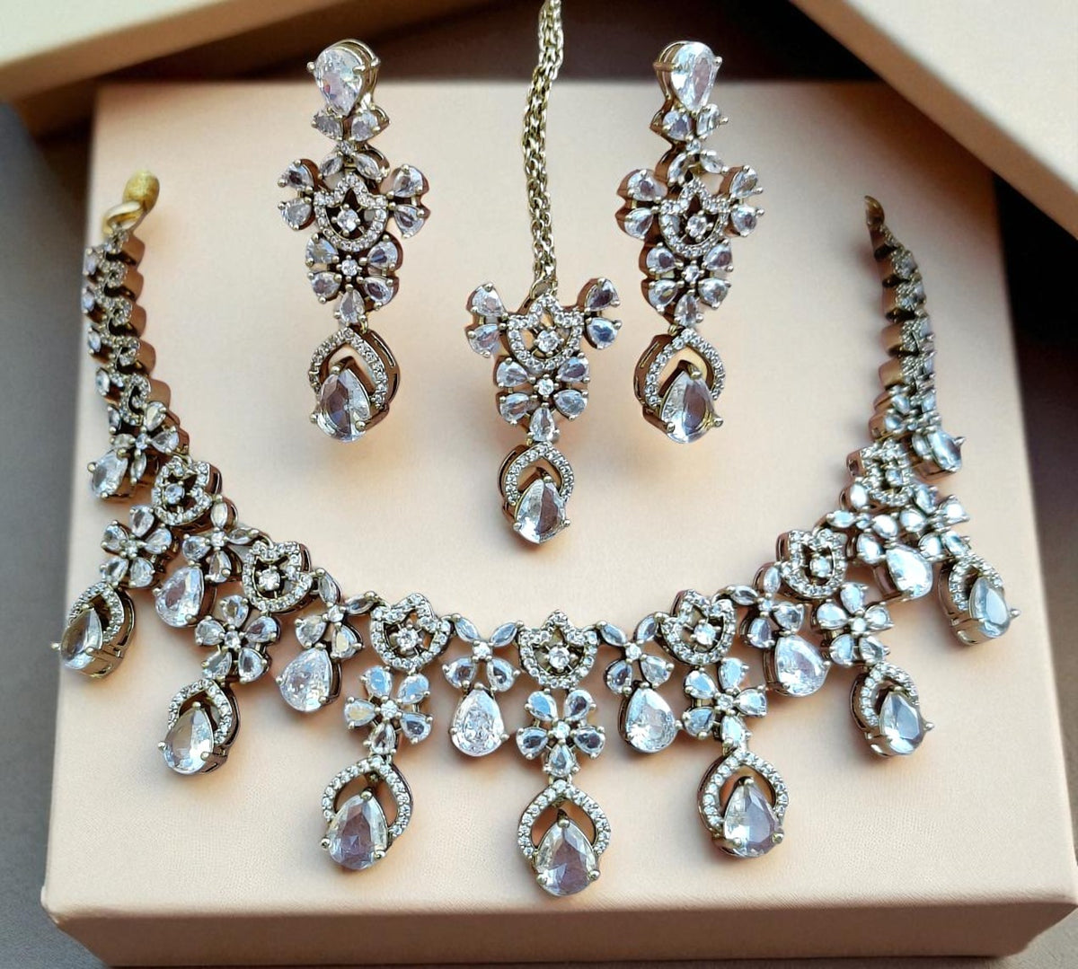 Designer Ruby & Diamond Choker Necklace Set with Earrings and Maang Tikka