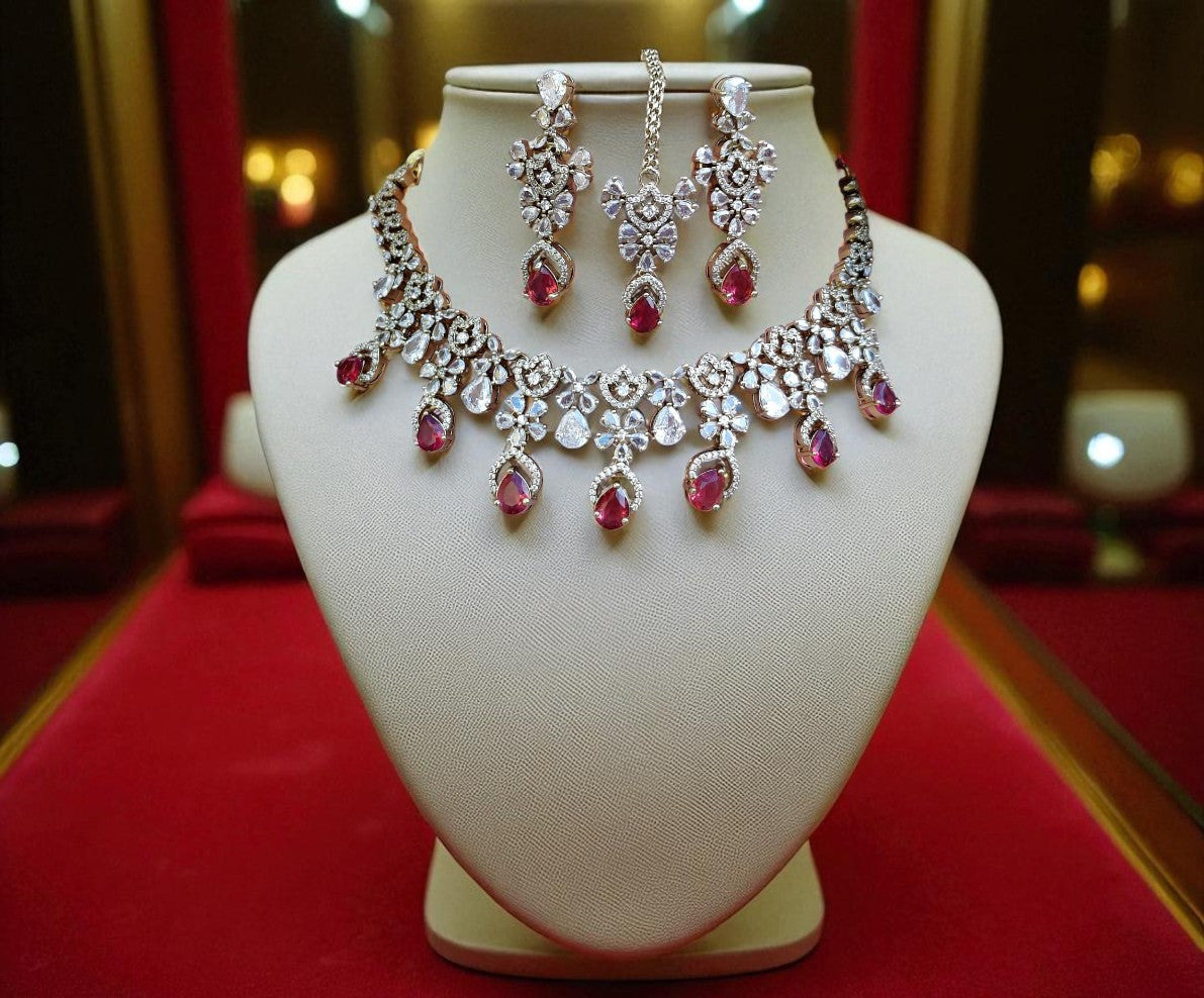 Designer Ruby & Diamond Choker Necklace Set with Earrings and Maang Tikka