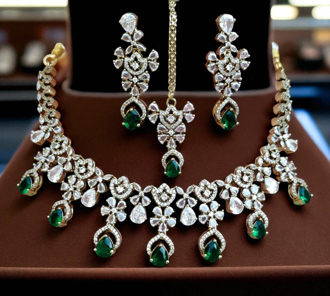 Designer Ruby & Diamond Choker Necklace Set with Earrings and Maang Tikka