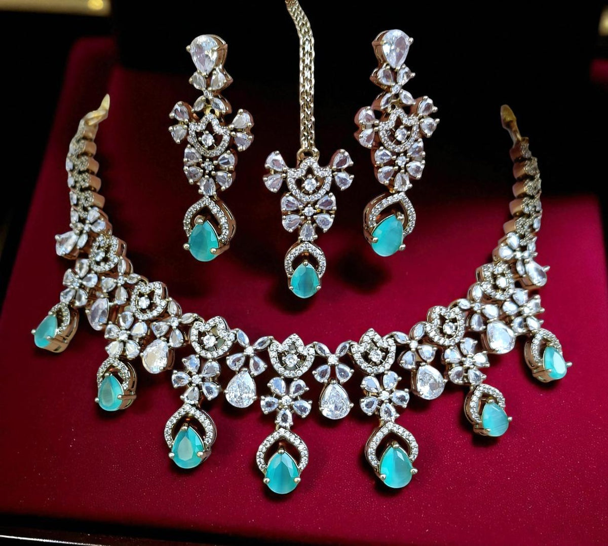 Designer Ruby & Diamond Choker Necklace Set with Earrings and Maang Tikka