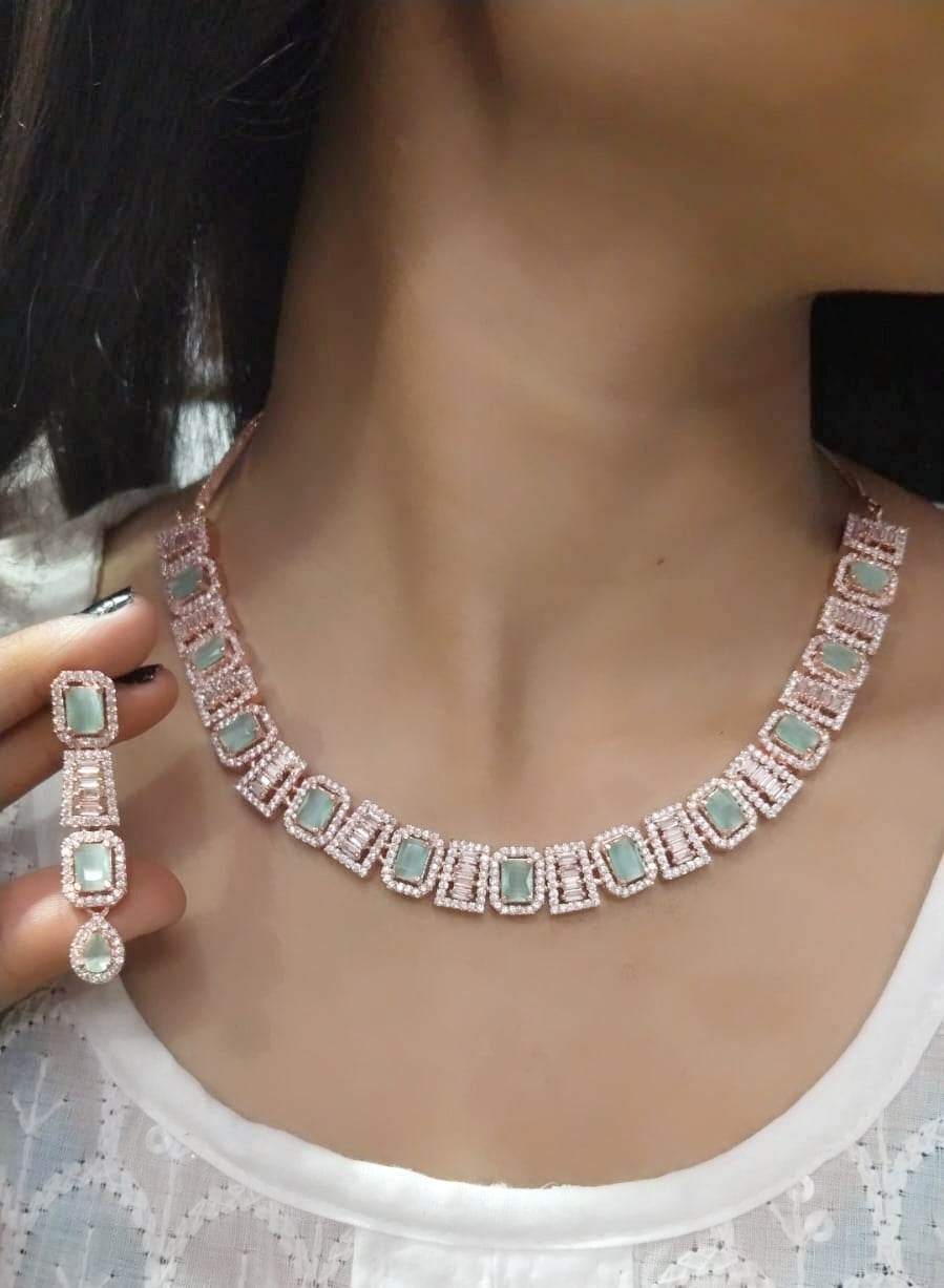 Elegant Silver-Toned Square CZ Choker Necklace with Matching Earrings – Bridal & Party Jewelry Set