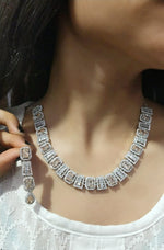 Elegant Silver-Toned Square CZ Choker Necklace with Matching Earrings – Bridal & Party Jewelry Set
