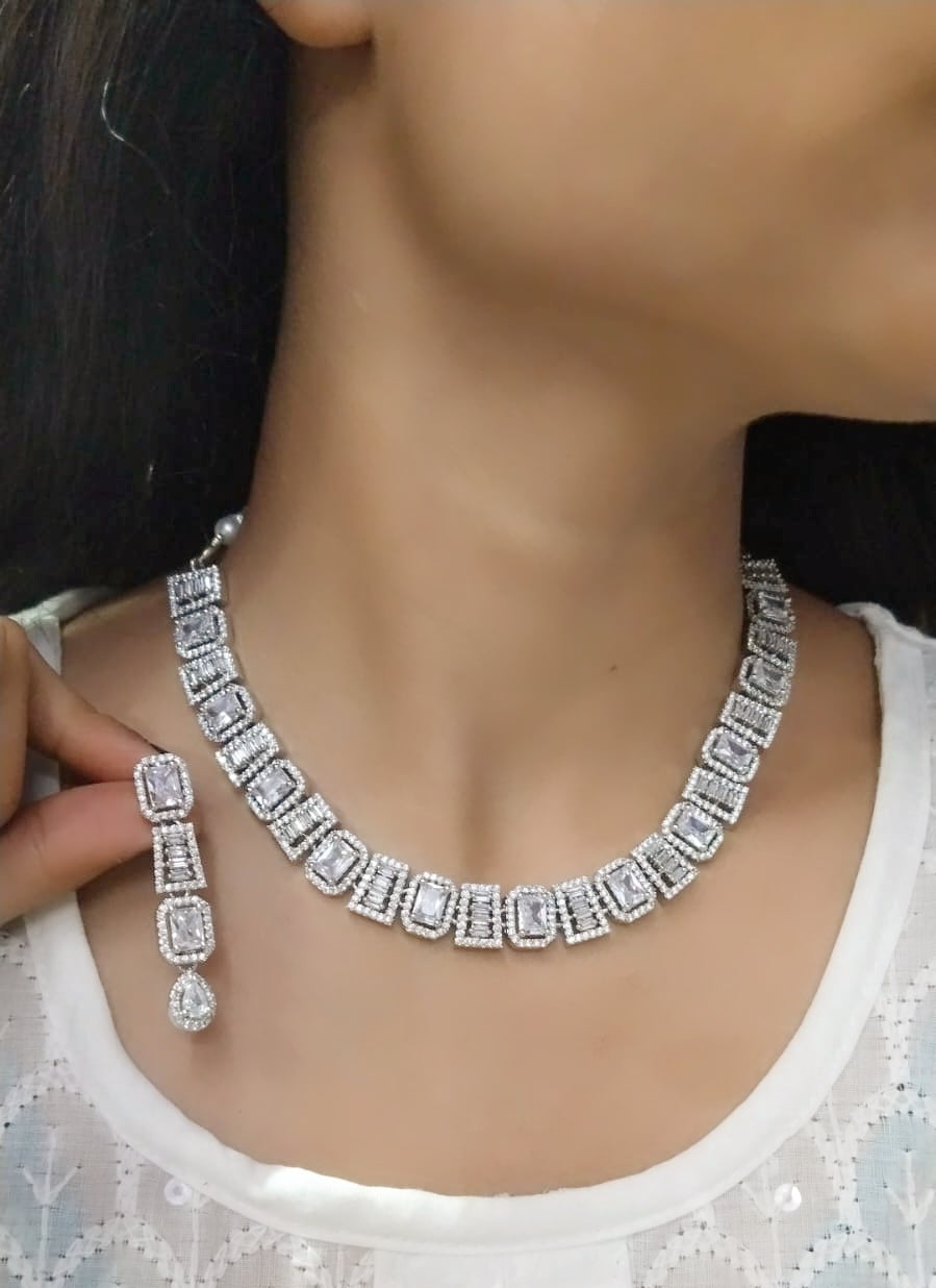 Elegant Silver-Toned Square CZ Choker Necklace with Matching Earrings – Bridal & Party Jewelry Set