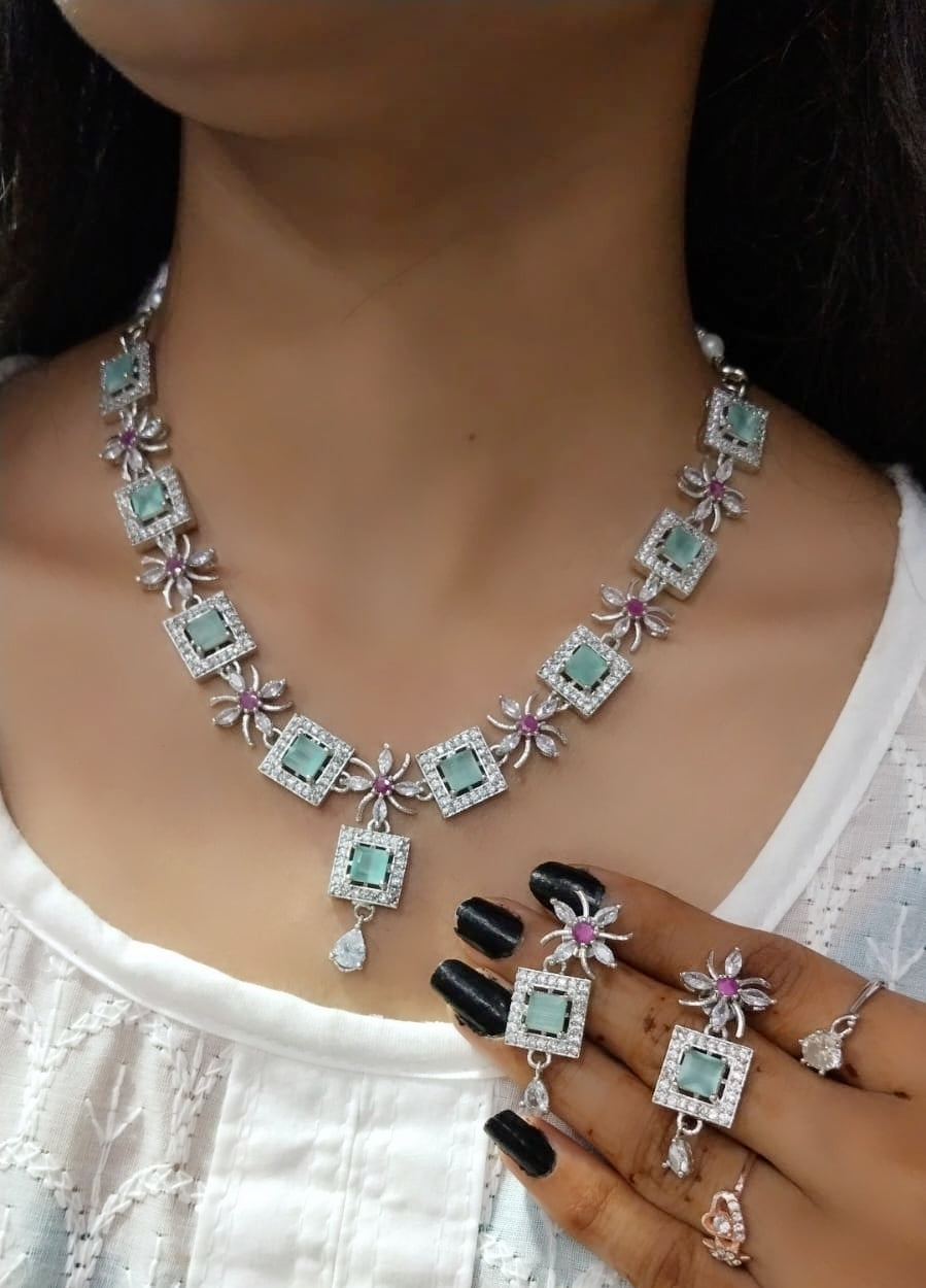 Elegant Pink Square Stone Necklace Set with Matching Earrings Rose Gold Finish Bridal & Party Jewelry