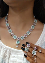 Elegant Pink Square Stone Necklace Set with Matching Earrings Rose Gold Finish Bridal & Party Jewelry