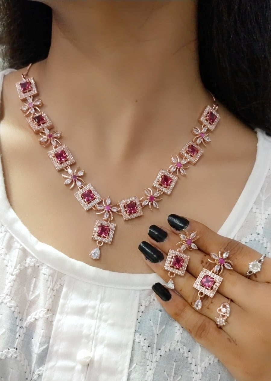 Elegant Pink Square Stone Necklace Set with Matching Earrings Rose Gold Finish Bridal & Party Jewelry