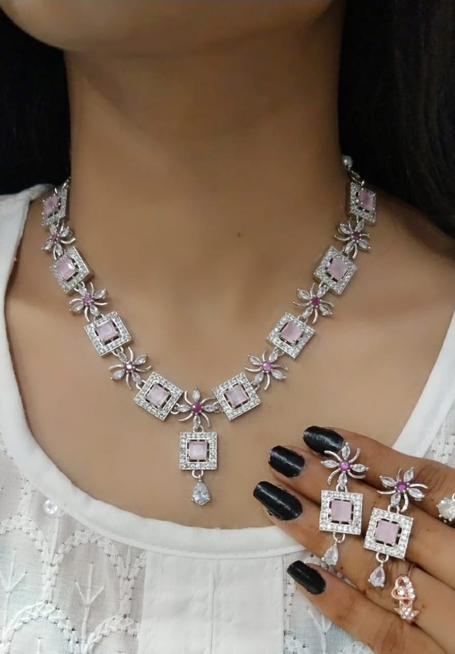 Elegant Pink Square Stone Necklace Set with Matching Earrings Rose Gold Finish Bridal & Party Jewelry