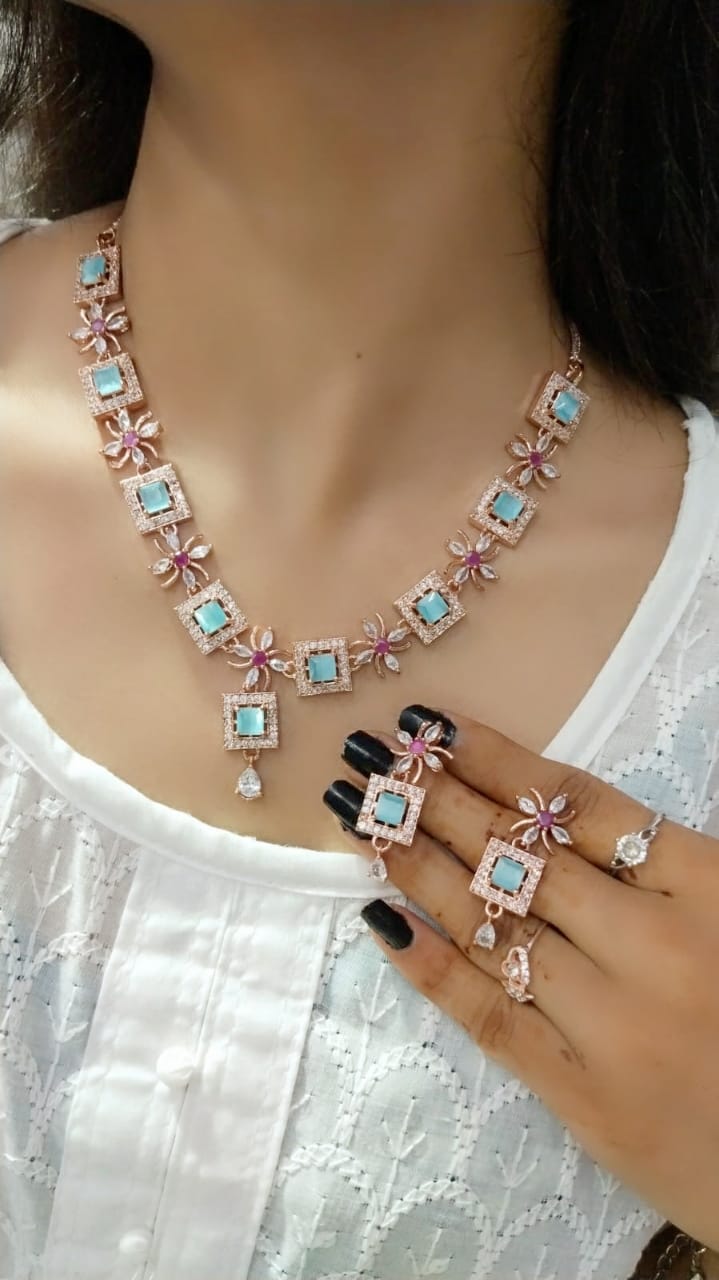 Elegant Pink Square Stone Necklace Set with Matching Earrings Rose Gold Finish Bridal & Party Jewelry