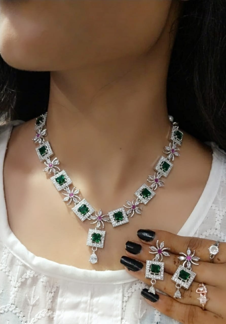 Elegant Pink Square Stone Necklace Set with Matching Earrings Rose Gold Finish Bridal & Party Jewelry