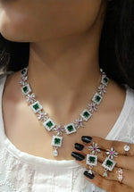 Elegant Pink Square Stone Necklace Set with Matching Earrings Rose Gold Finish Bridal & Party Jewelry
