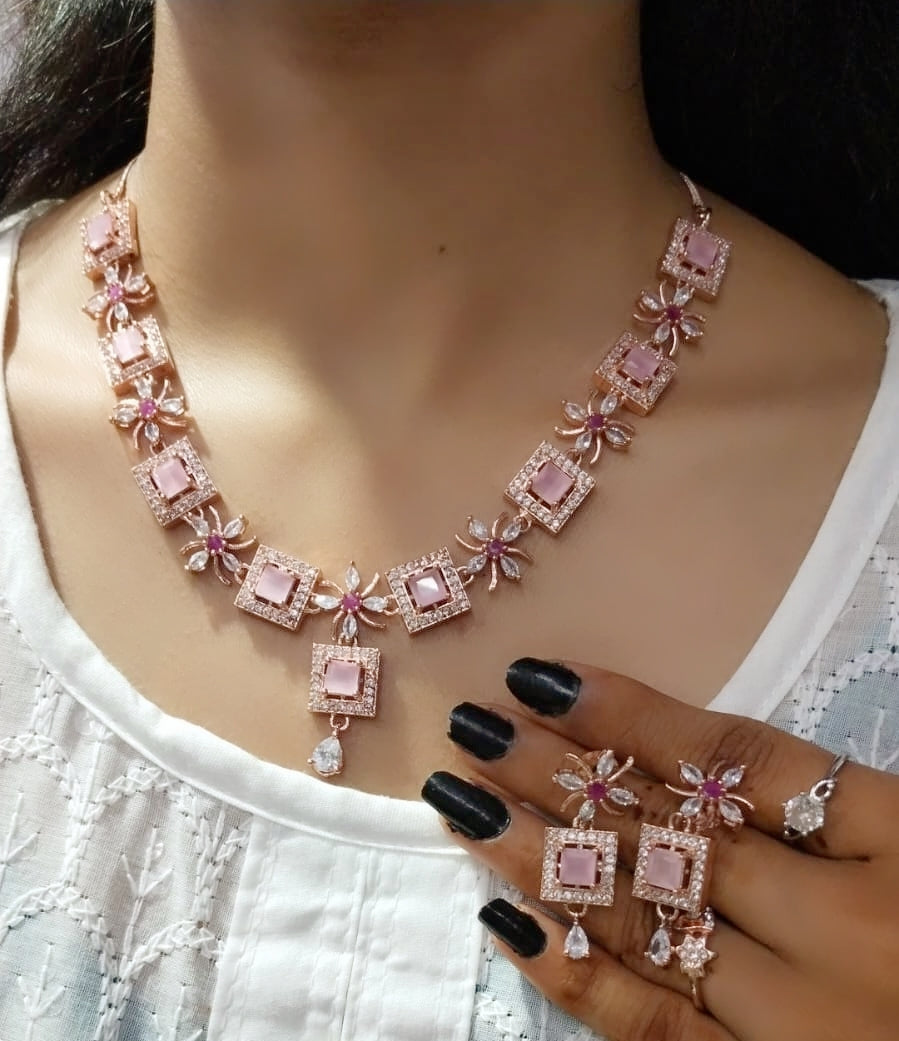 Elegant Pink Square Stone Necklace Set with Matching Earrings Rose Gold Finish Bridal & Party Jewelry