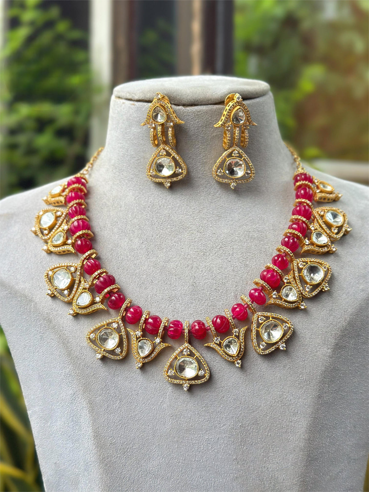 Bridal Green Beaded Kundan Necklace Set with Earrings | Traditional Indian Wedding Jewelry